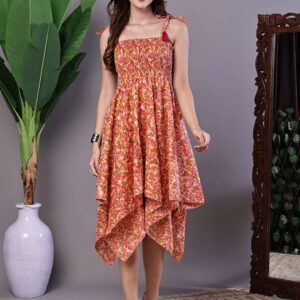Women's MultiColor Floral Printed Cotton Handkerchief Hem Dress Midi Dresses